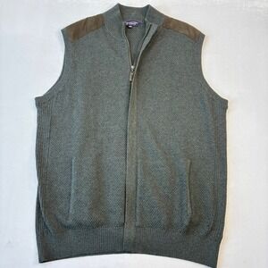 Roundtree & Yorke Sweater Vest Mens 2XT Gray Full Zip Suede Trim Cotton Knit